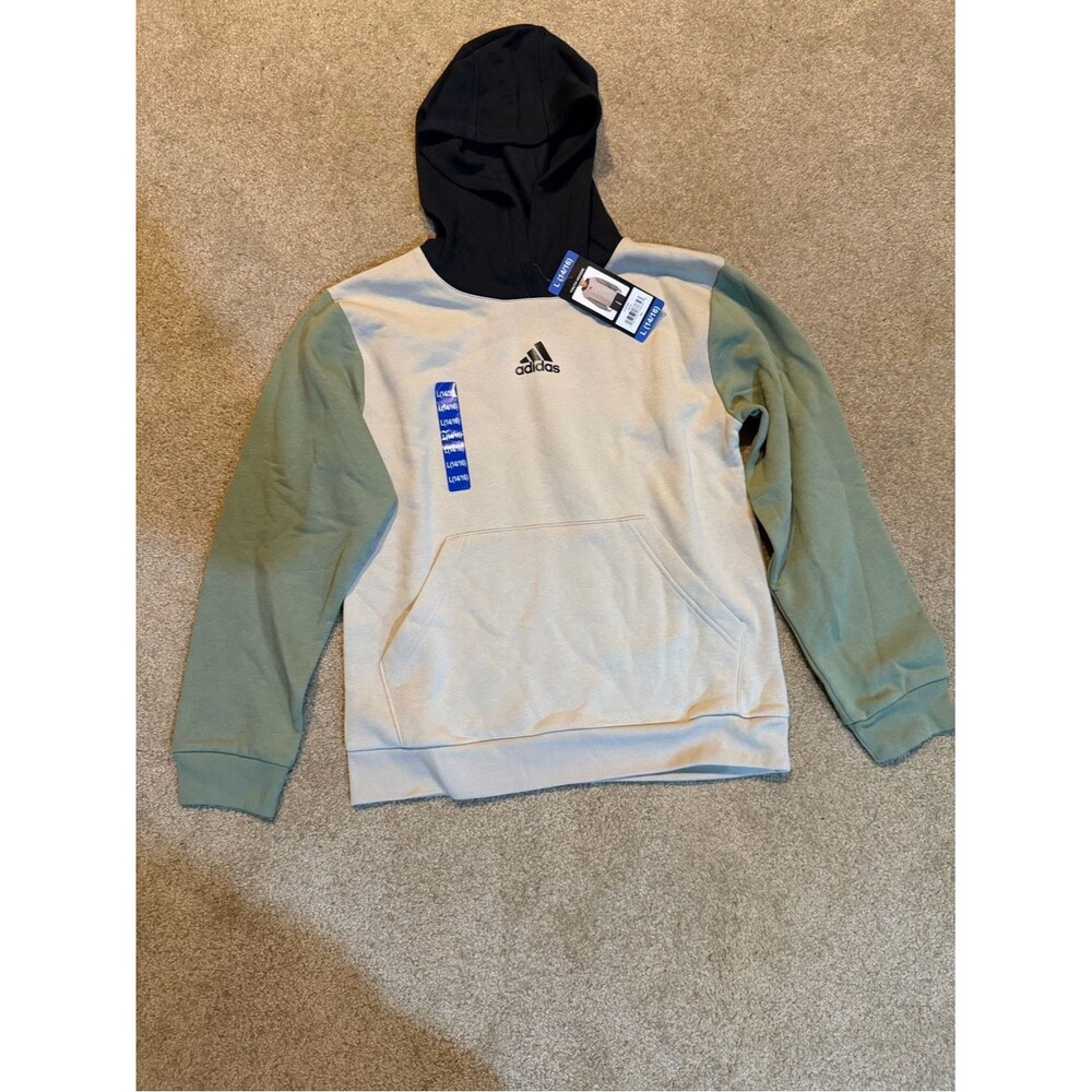 adidas Big Boys Light Cream Pullover Hoodie with Black Logo Large 14/16